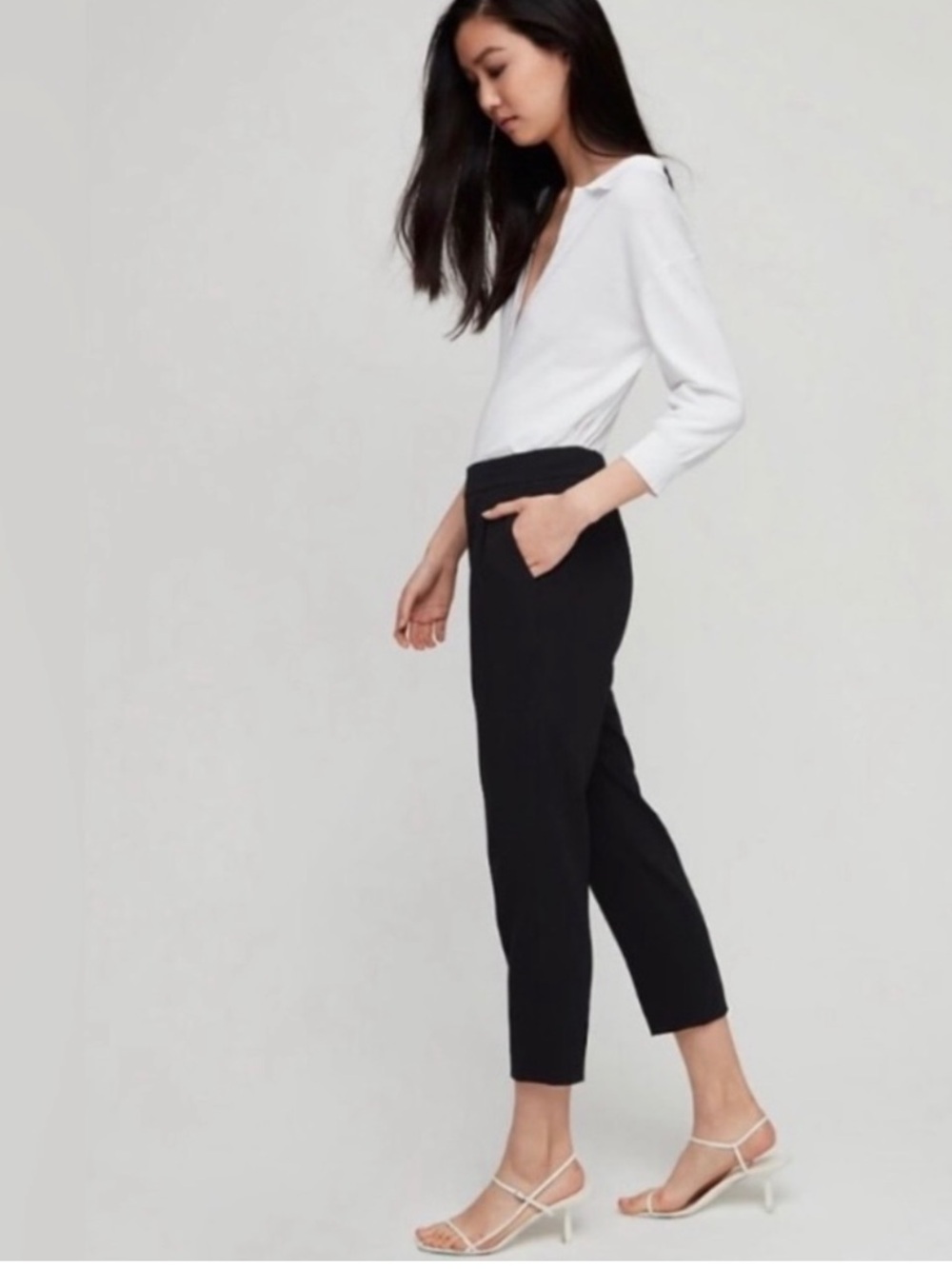 Babaton 2 New Cohen Black Crepe Cropped Pockets, Pull on Pants Flaw Hem undone